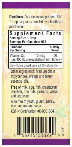 Bluebonnet Nutrition Liquid Vitamin D3 400 IU, Жидкий Витамин Д3 400 МЕ, 30 мл