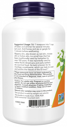NOW Slippery Elm 400 mg, Красный вяз 400 мг, 100 капсул
