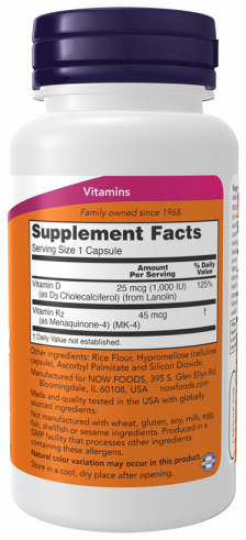 NOW Vitamin D-3 and К2 1000 IU/45 mcg, Витамин Д-3 и К2 1000 МЕ/45 мкг, 120 капсул
